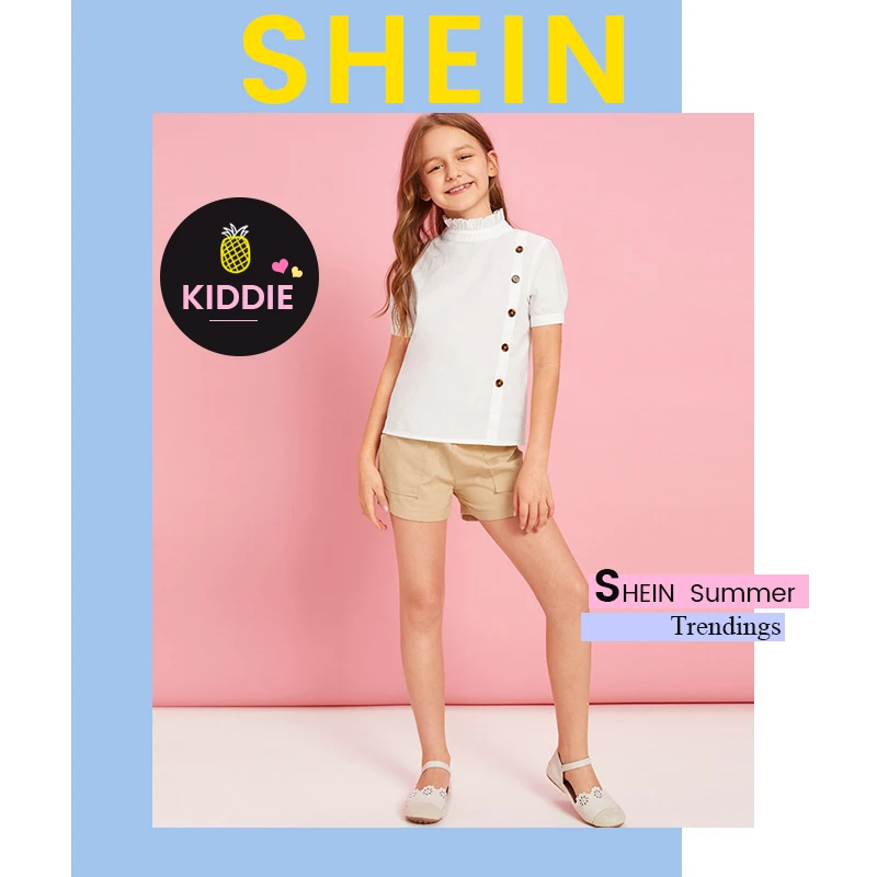 SHEIN kids/белая однотонная Повседневная Блузка с оборками и пуговицами спереди для девочек-подростков; коллекция года; летняя детская блузка с короткими рукавами и рюшами; топы