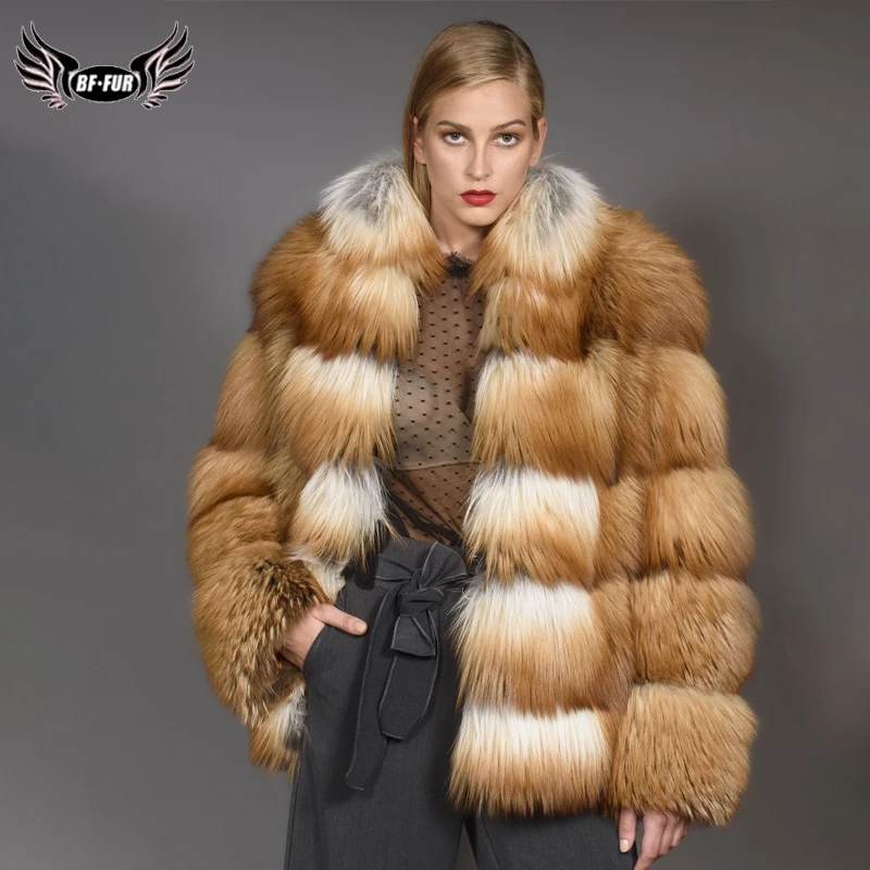 

2020 BFFUR Women's Real Red Fox Fur Coats Luxurious Female Real Fur Jacket Fashion Striped Winter Warm FurOutfit Park With Fur