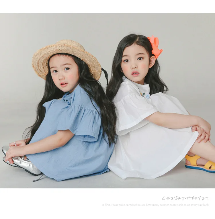 cotton embroidery girls summer dress flare sleeves princess summer girl dresses solid white blue kids clothing  4 5 6 7 8 9 10 11 12 13 14  years old little big teenage girls summer dress cotton  (2)