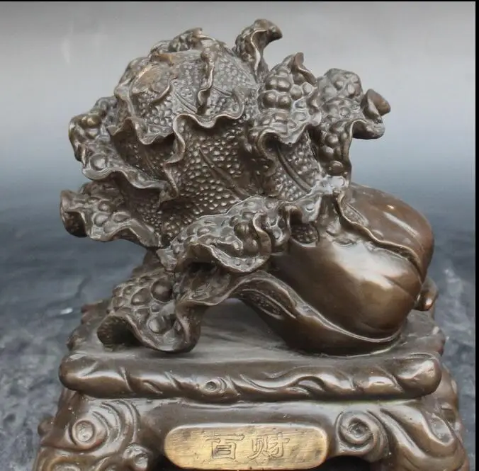 

free 8" Chinese Pure Black Bronze Wealth Baicai Cabbage Stand Together Words Statue fast