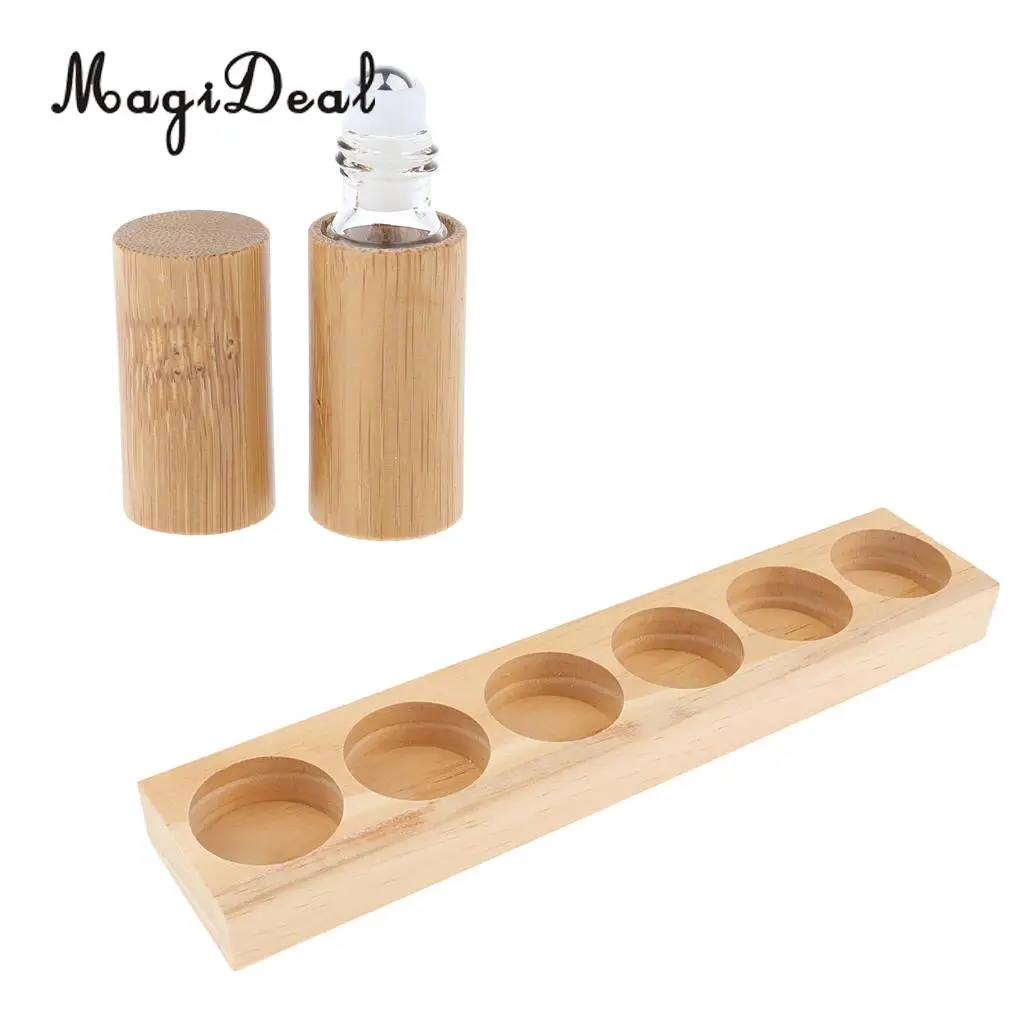 Natural Wood Essential Oil Storage Display Rack Holder Organizer Stand with Refillable Empty Roller Ball Bottle Set