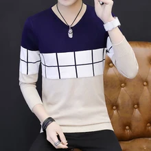 Осень, стиль, мужские Модные пуловеры с v-образным вырезом, повседневный мужской свитер с длинным рукавом, полосатый приталенный вязаный мужской свитер