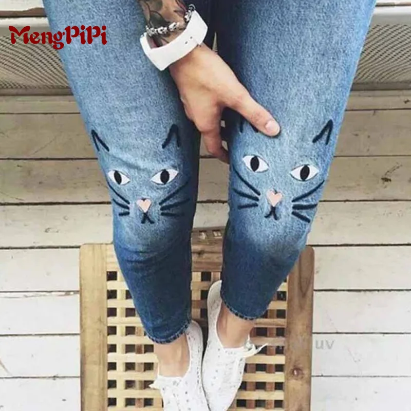 Mengpipi Frauen Katze Stickerei Denim Hosen Licht Blau Hohe Taille