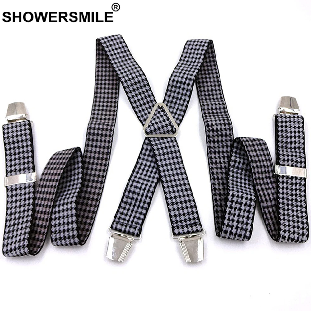 SHOWERSMILE Men Susupenders Houndstooth Elasticated Adult Suspender Casual Classic Braces Mens Trousers 4 Clips Male Pants Strap