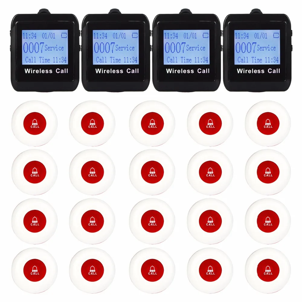 

4 Watch Pager Receiver 20 Call Button 433MHz Wireless Waiter Calling System Guest Call Pager Restaurant Equipment F3258