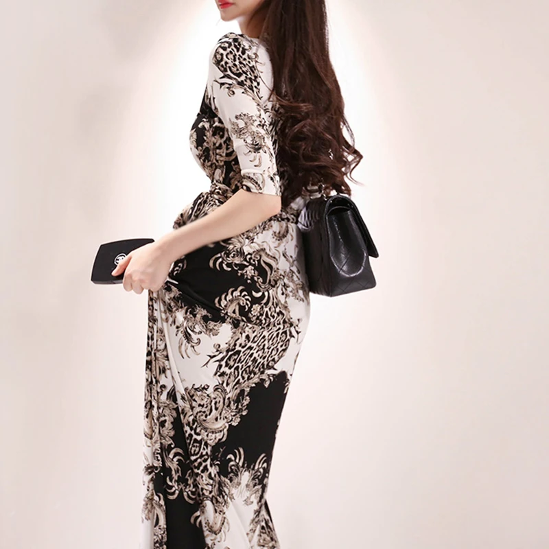 Летнее Новое поступление модное женское длинное платье с v-образным вырезом и рукавом три четверти с цветочным принтом