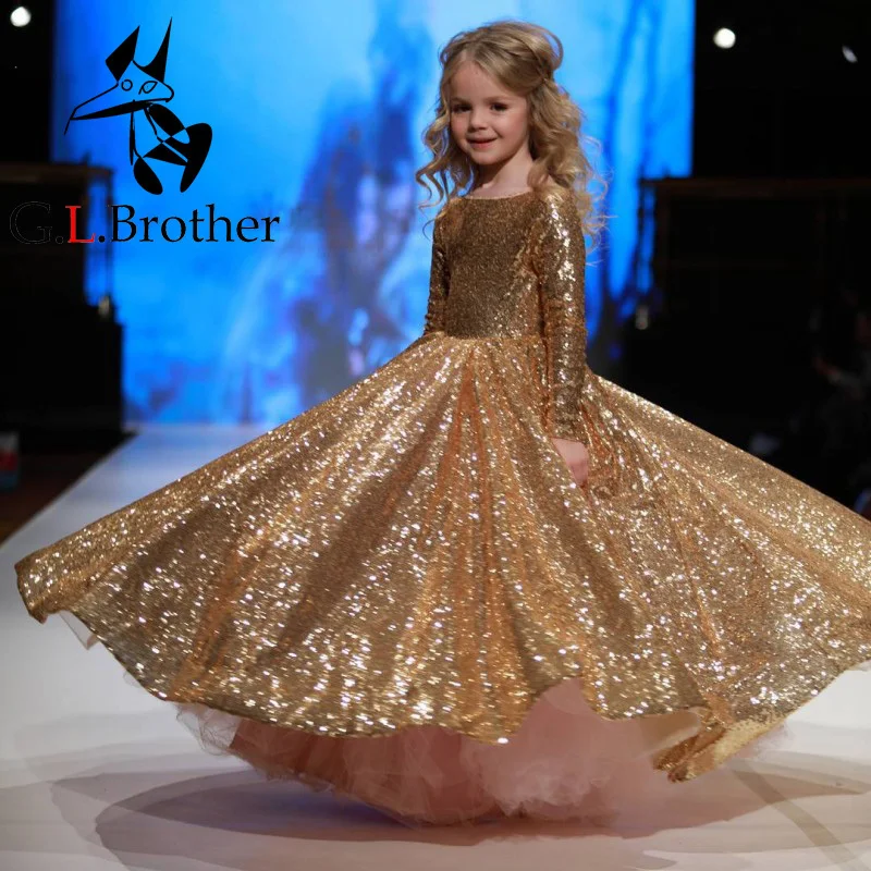 

Blingbling Flower Girls Dress Gold Sequined Ball Gown Luxury Kids Girl Princess Dresses First Communion Gowns For Wedding A37