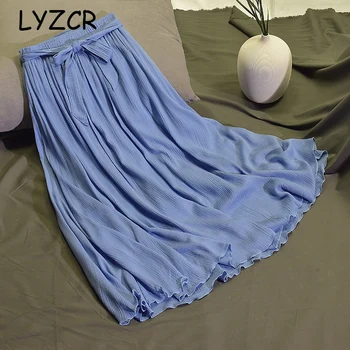 

LYZCR Vintage Cotton line Women Skirt Midi Summer Lace Up Wihte Women's Skirts Pleated Elastic Waist Line Skirt For Women