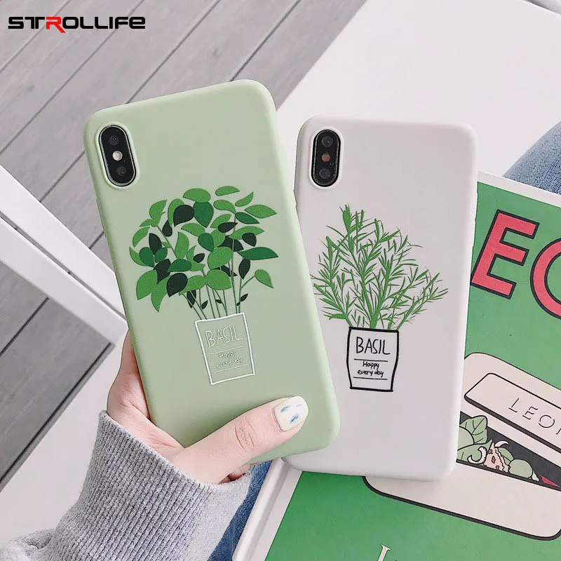 

STROLLIFE Green Plants Phone Case for IPhone XS Max XR Cute Potted Plant Cover for IPhone 6 X 7 8Plus Candy Color Soft TPU Shell