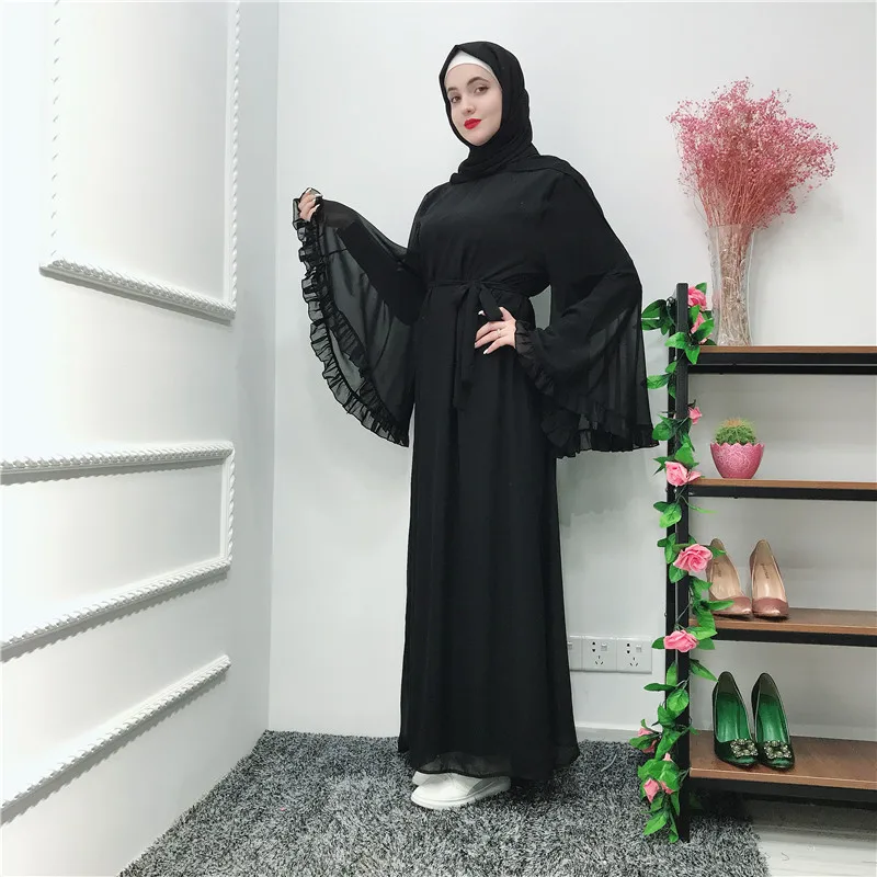 Фабрика большой расклешенный рукав мусульманские abayas syari арабские женщины полная Длина оборками кружева мусульманские халаты Рамадан абаи с поясом wq980