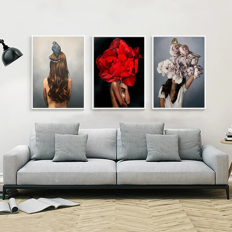 

Flowers Feathers Woman Abstract Canvas Painting Wall Art Print Poster Picture Decorative Painting Living Room Home Decoration