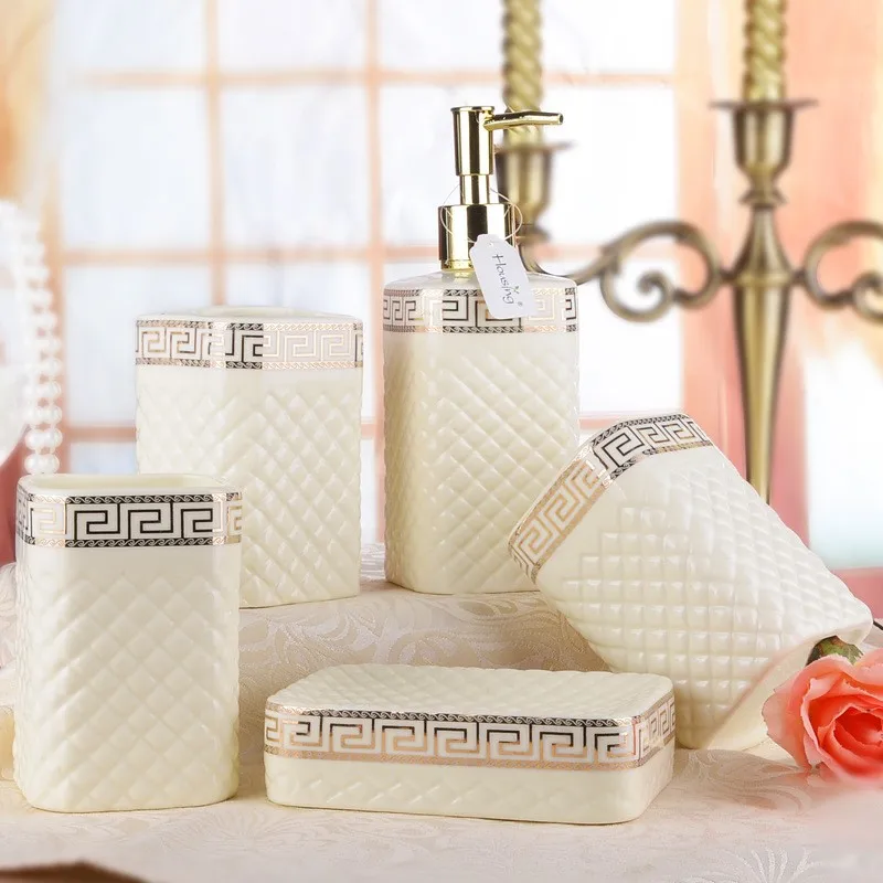 Керамический набор из пяти предметов, белый или слоновой кости фарфоровый набор для мытья ванной серии, аксессуары для ванной комнаты, экологически чистый набор для мытья