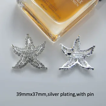 

(M0676) 39mmx37mm rhinestone metal brooch with pin at back,silver or gold plating,starfish shape ,100pcs/lot