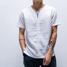 Новая повседневная Летняя мужская рубашка с коротким рукавом, свободная тонкая хлопковая льняная рубашка, мужские однотонные трендовые прямые футболки с v-образным вырезом, TS-257