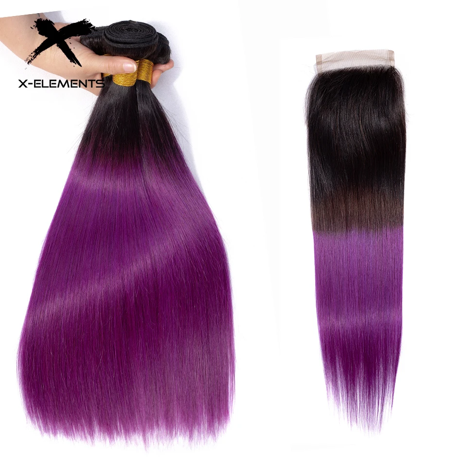 X-Elements Ombre Peruvian Straight Hair Bundles With Closure 3 Pcs with Closure T1B Purple Ombre Human Hair Weave With Closure  (9)