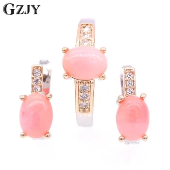 

GZJY Fashion Charming Pink Coral AAA Zircon Double Gold Color Earrings Ring Set For Women Wedding Party Jewelry J09-1