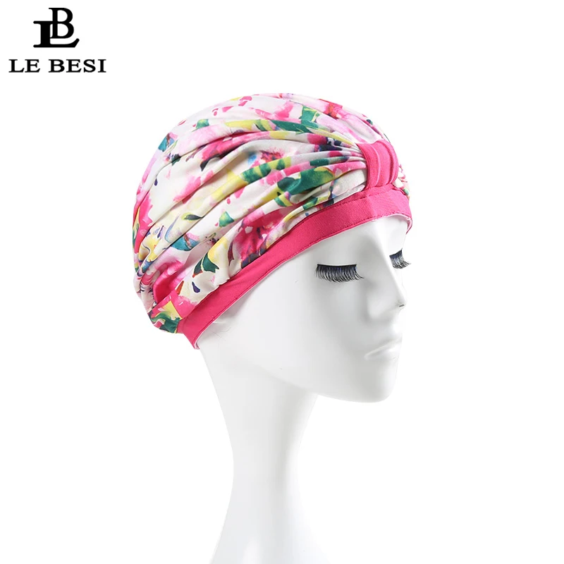 

LE BESI 2017 New Flowers Waterproof Women Swimming Cap PU Elastic Swim Cap Pleated knot Swimming Hat Beach Cap Bathing