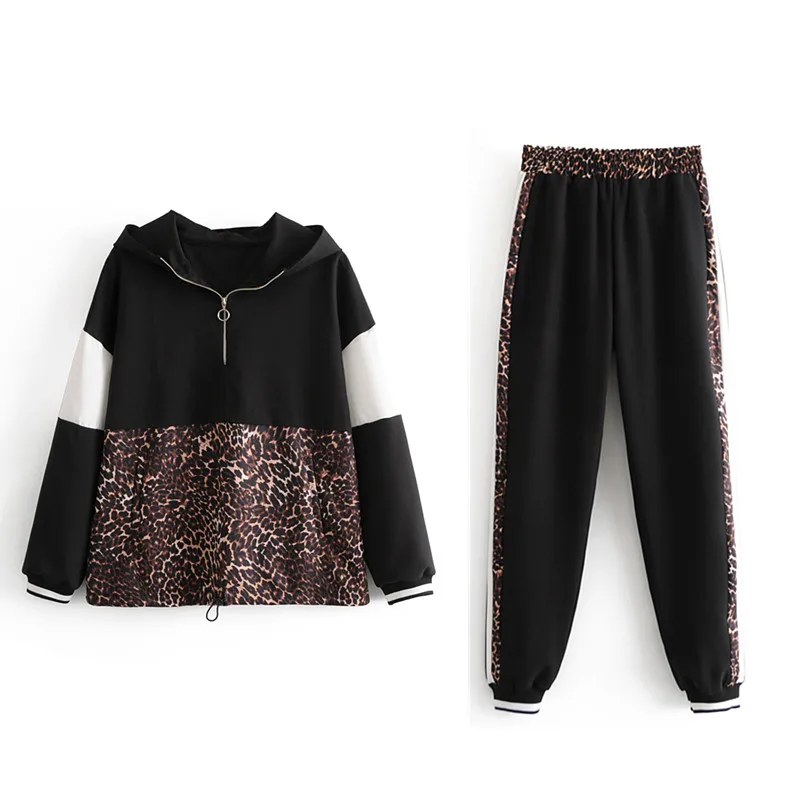 

Set Women Spring Autumn Leopard Print Patchwork Hooded Sweatshirts Side Stripe Pants suits Two Piece Set Trousers Tracksuit 2Pcs