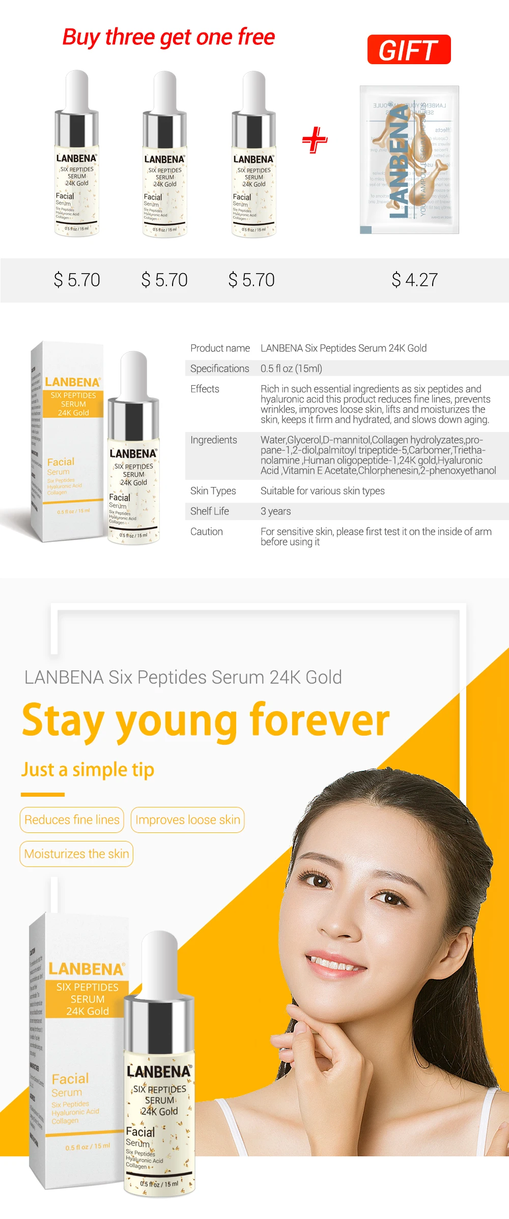 Купить 3 получить 1 подарок LANBENA 24k золото шесть сыворотка с пептидами крем для лица 3 шт+ от морщин под глазами ампулы капсулы глаз Сыворотка анти-старения уход за кожей