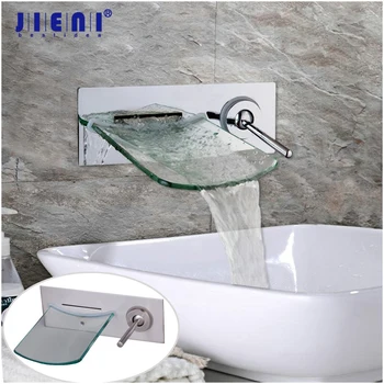 

JIENI Wall Mounted Waterfall Glass Spout Nickel Brush Chrome Polish Solid Brass Bathroom Bathtub Faucet Single Handle Mixer Tap