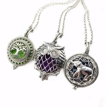 

3pcs Mixed Owl Bird Tree Elephent Copper Antique Silver Locket Aroma Essential Oil Diffuser Trendy Pendant Necklace Jewelry Gift