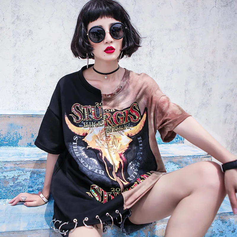 

TREND-Setter 2018 Summer Fashion Hip Hop Style Metal Ring T shirt Women Punk Pattern Tee Short Sleeve Tops