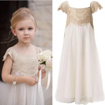 

Vintage Flower Girl Dresses for Wedding Floor Length Champagne Lace Ivory Chiffon First Communion Dress Kids Birthday Party Gown
