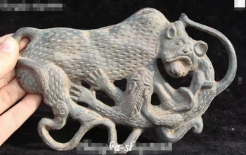 

7" Old Chinese Collected Bronze Sanke Leopard Panther Animal Beast Amulet Statue