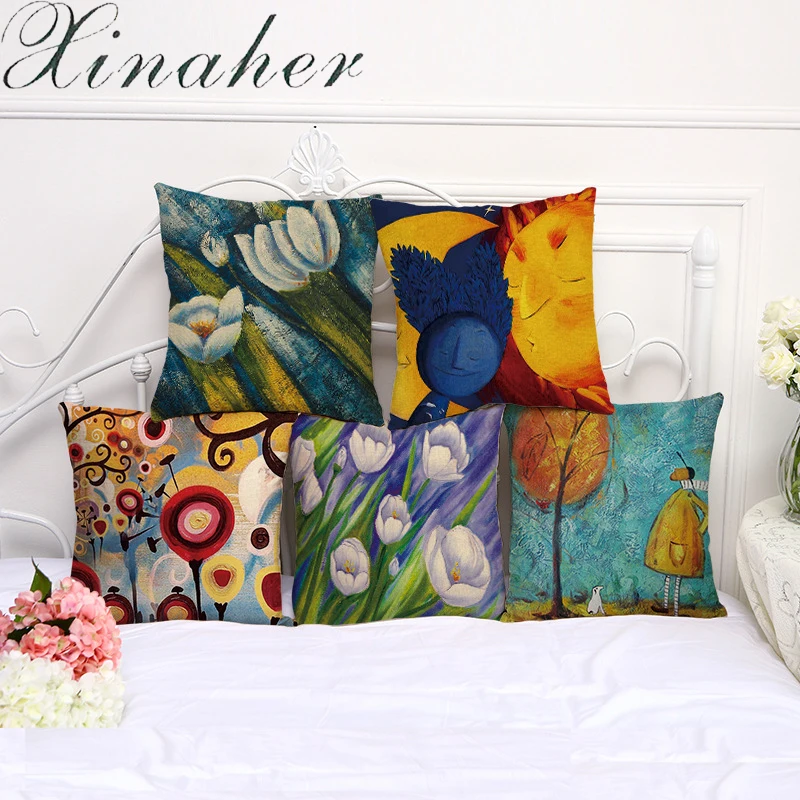 XINAHER Flower Oil Painting Polyester Cushion Cover Plant 45X45cm Pillow Case Home Decorative Pillows For Sofa Car | Дом и сад