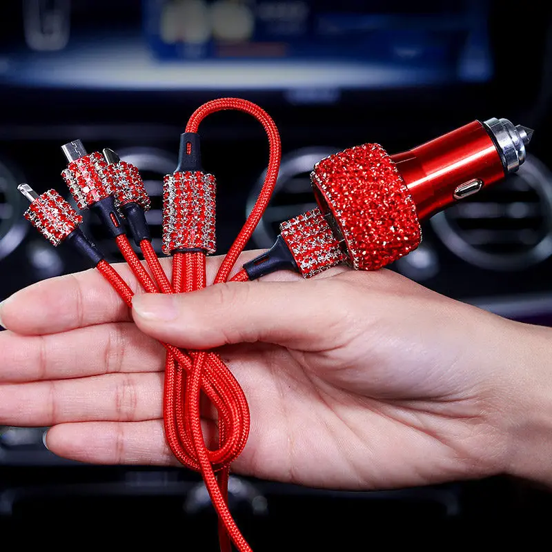 Двойной зарядное устройство USB для мобильного телефона планшеты gps быстро зарядное устройство горный хрусталь алмаз 3 линии передачи данных провода в автом - Название цвета: red 2pc