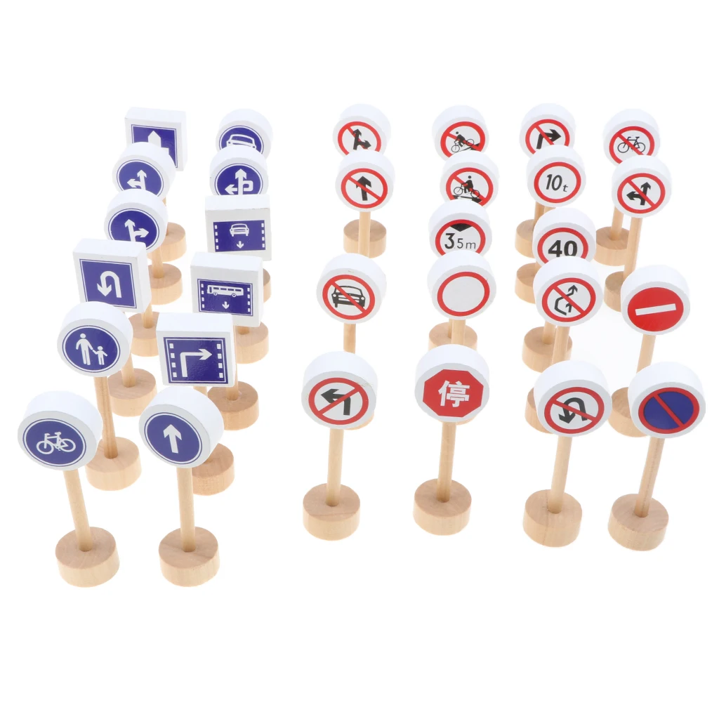 Set of 32pcs Kids Developmental Wooden Road Train Traffic Signs Toddler Preschool Cognitive Toy