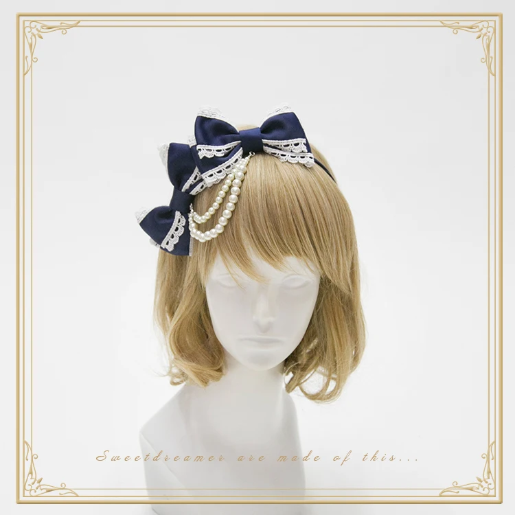

Gemini Soft Sweet Star Handmade Vintage Bows Hairband KC Pearl Chain Trim Lolita Sweet Daily Headband Headwear Joker 12 Colors