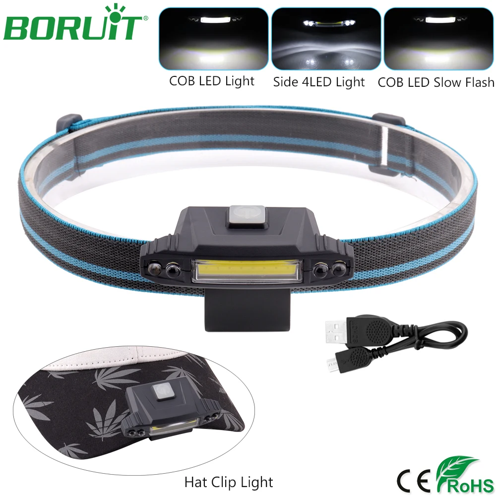 

BORUiT COB LED Headlamp USB Rechargeable Cap Hat Clip Light Waterproof Cycling Headlight Portable Camping Hunting Head Torch
