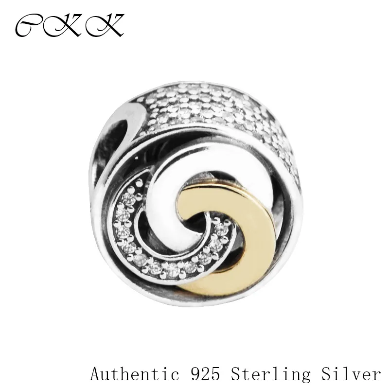 

Authentic 925 Sterling Silver Interlinked Circles Beads With 14K Gold & Clear CZ Fit Bracelets DIY Fine Jewelry YL523K