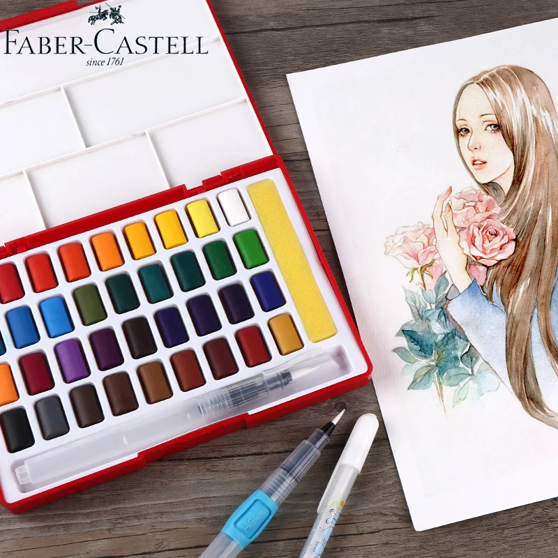 Online Faber Castell 24 36 48 Farben Wasser Feste Farbe Malen Set Mit Pinsel Tragbare Aquarell Pigment für Malerei Kunst Liefert