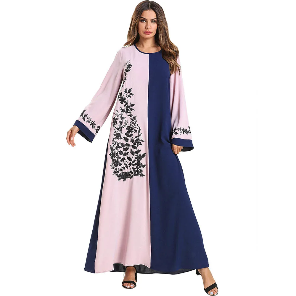 

Lugentolo Women Maxi Dress Summer Fashion Long Sleeve Contrast Stitching Embroidery Pluse Size Loose Round Neck Dresses
