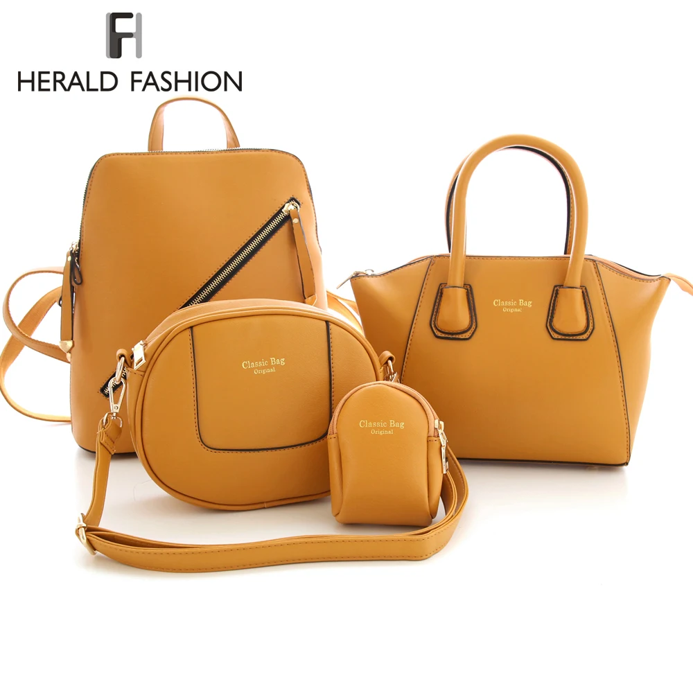 

Herald Fashion 4 PCS/Set Women Bag PU Leather Composite Bag Stone Women Shoulder Bag Women Mochila Women Handbag Purse Set