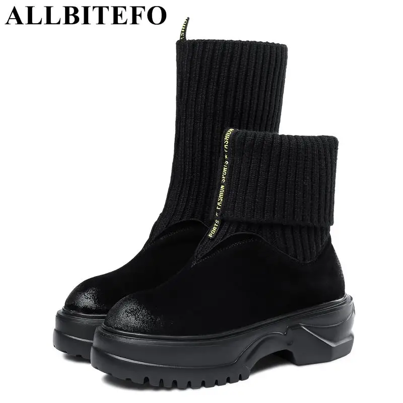

ALLBITEFO genuine leather + knitting women ankle boots fashion winter warm girls high platform work boots motorcycle boots shoes