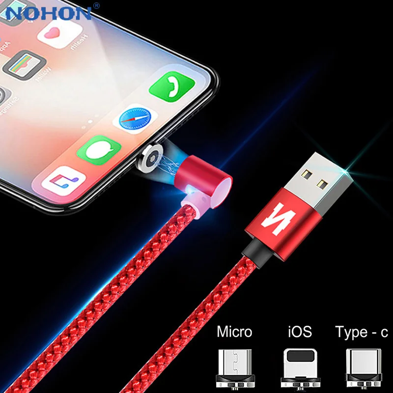 

90 Degree LED Magnet Charger Cable For iPhone 5 6 S 5S 6S 7 8 Plus XR XS Max Micro USB Type C IOS Plug Fast Charge Wire Cord 1M