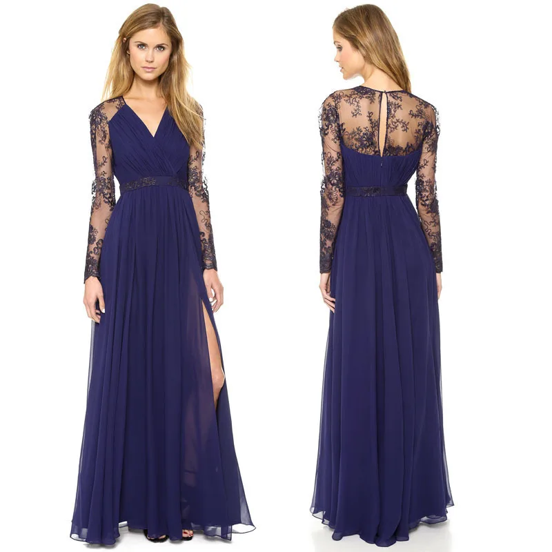 Тонкий сексуальный длинный рукав глубокий v-образный вырез кружева вышивка шифон платье женское элегантное Макси Лето Осень Европейское синее платье - Цвет: blue