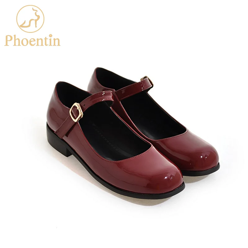 Phoentin/туфли mary jane; неглубокие лакированные женские туфли с ремешком на щиколотке; Цвет Черный; классические туфли на низком квадратном каблуке 2,5 см с квадратным носком; FT153 - Цвет: Бордовый