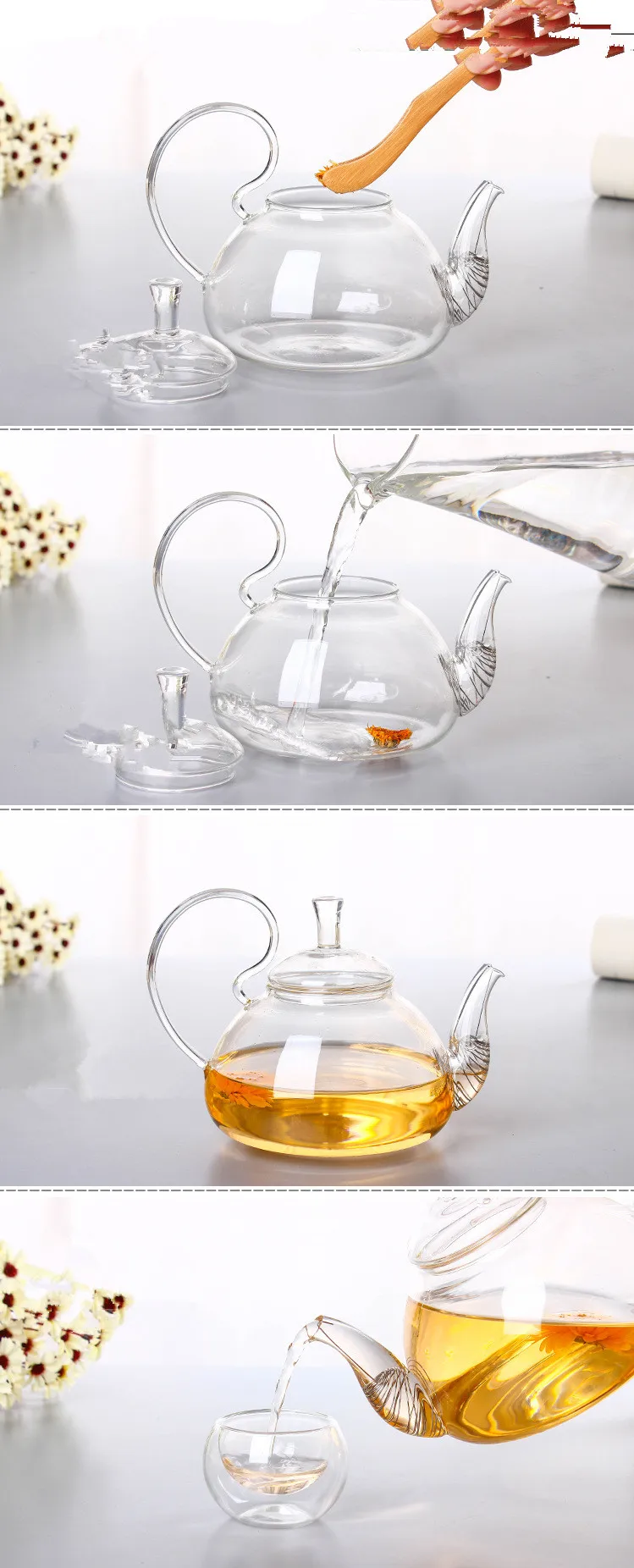 1PC Elegant Flower Coffee Glass Tea Pot Glass Teapots Heat Resistant Glass Teapots Gongfu Tea Maker With Tea Filter EJN 1011