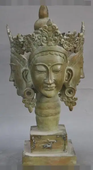 S5428 тибетская бронза четыре лица Kwan-Yin Bodhisattva Голова Статуя Будды печать штамп с