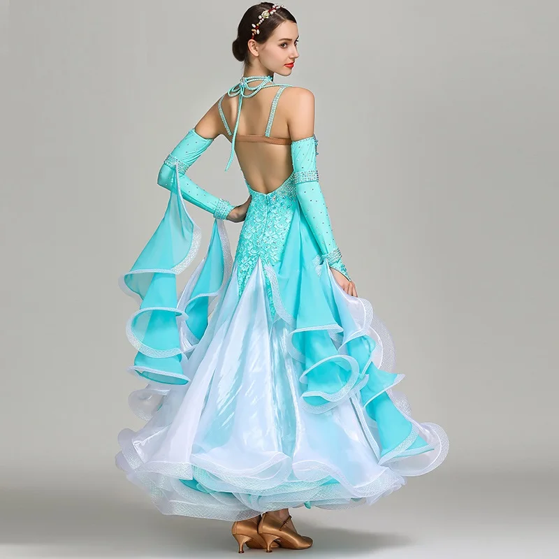 Синее бальное платье с блестками, женские платья для конкурса бальных танцев, танцевальная одежда для женщин, современный танцевальный костюм, платье для вальса