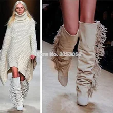 Женские замшевые сапоги до колена с бахромой черные/белые/серые высокие сапоги на танкетке новые брендовые Модные женские мотоциклетные сапоги с бахромой Прямая поставка