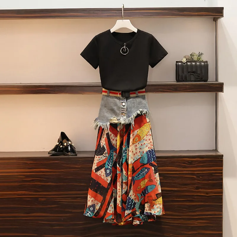 

Personality Tassel denim stitching skirt Suit 2019 Summer New Black Tshirt + Retro Fish Print Patchwork Denim Skirt 2 PIece Set