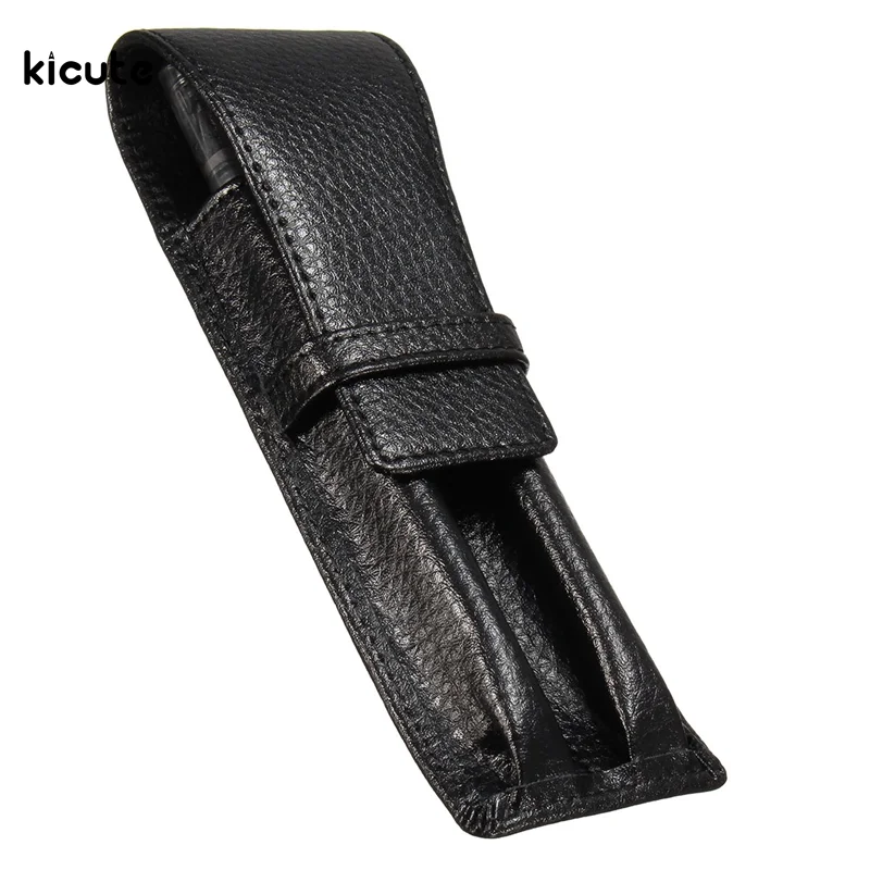 

Excellent Quality Black Double Pen Case Genuine Pouch Leather Fountain Pen Case Roller Pen Case Gift Business Office Accessories