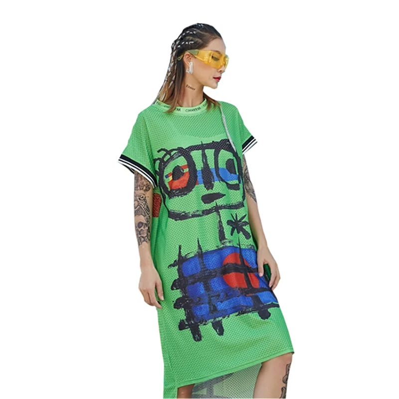 

Ladies Spring Summer Green Long Dress Female Fashion O-Neck Letter Cartoon Vestido Street Style Plus Size Loose Dresses Z194