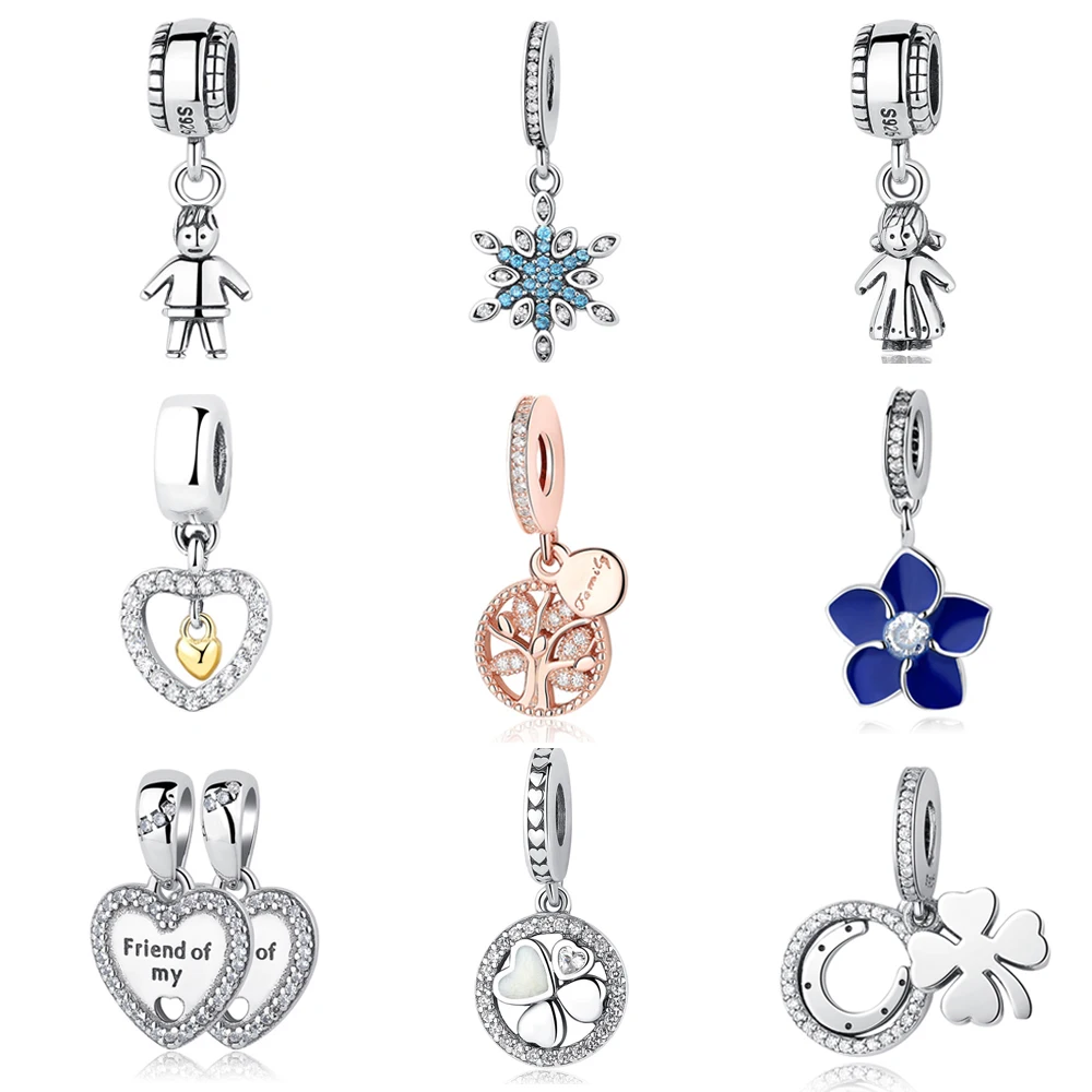 

Authentic 925 Sterling Silver Beads Good Luck Clover Crystal Heart Family Tree Pendant Fit Original Pandora Bracelets DIY Charms