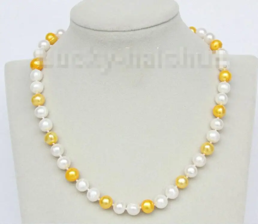 

Hot sale new Style >>>>>Genuine 17" 10mm yellow white freshwater pearls necklace j9396